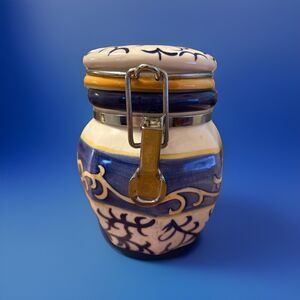 California Pantry Ceramic Canister Royal Blue Yellow Vine Pattern Vintage 2000